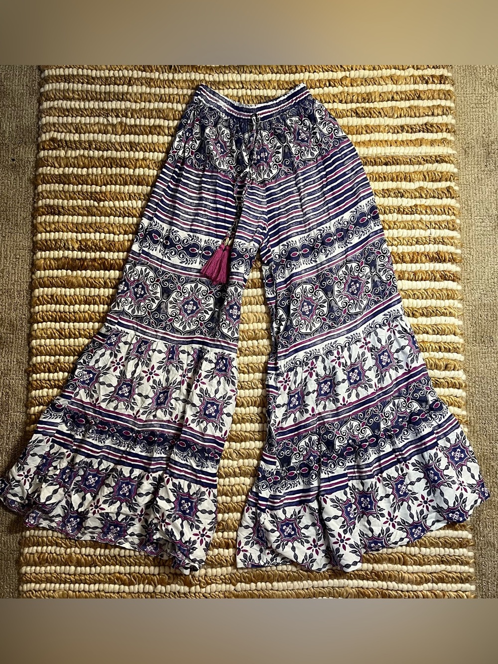 Boho Wide-Leg Printed Palazzo Pants in Navy & Fuchsia